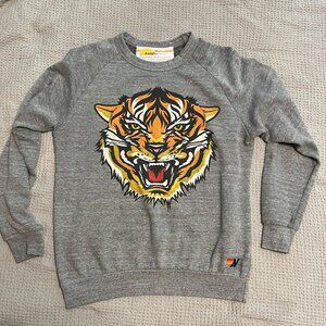$196 Aviator Nation Tiger Print Crew Sweatshirt in Heather Grey Size M